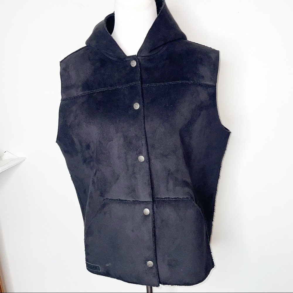 Ralph Lauren Vest Women's L Faux Suede Fleece Lined Hooded Black